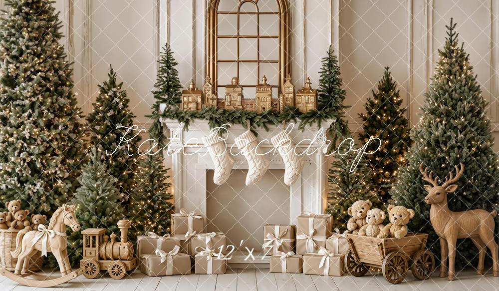 Kate Christmas Fireplace Trees Gifts Wood Reindeer Rocking Horse Matte UV Printed Vinyl Backdrop