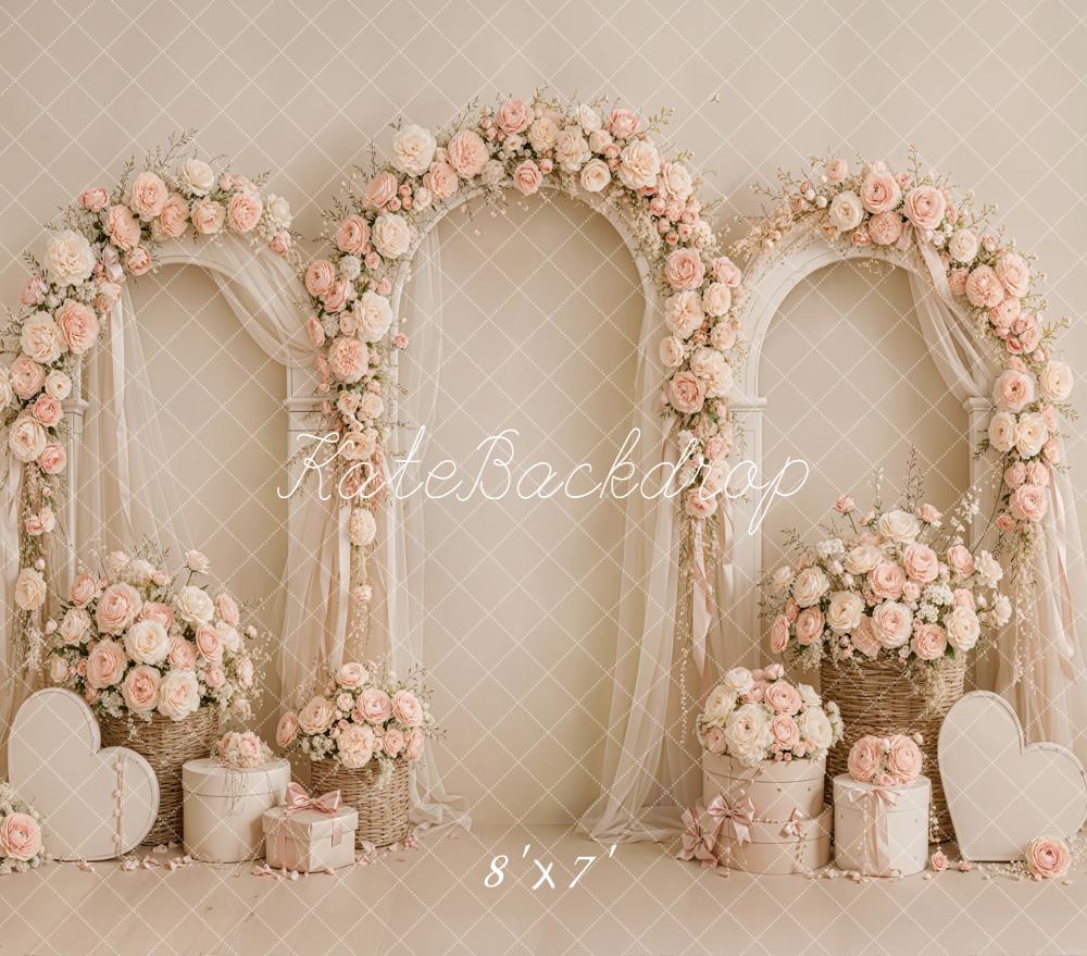 Kate Valentine's Day Pink Floral Arches Sheer Drapes Heart Matte UV Printed Vinyl Backdrop