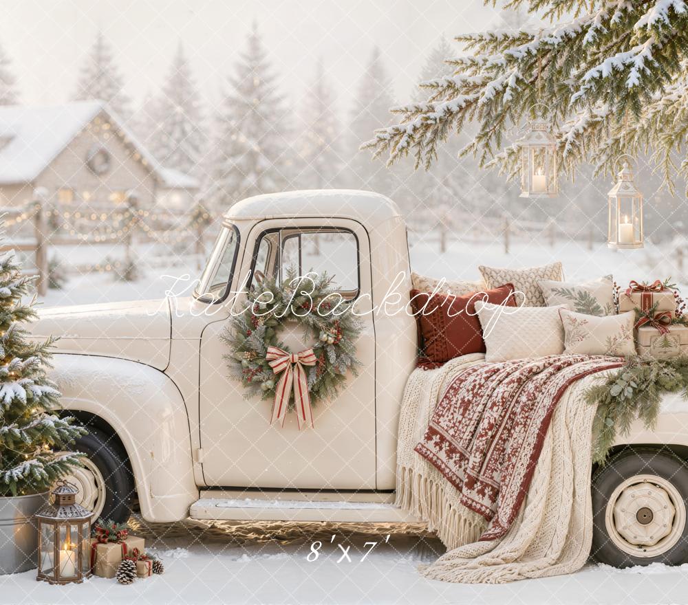 Kate Christmas Countryside Vintage White Truck Snowy Lanterns Blanket Matte UV Printed Vinyl Backdrop
