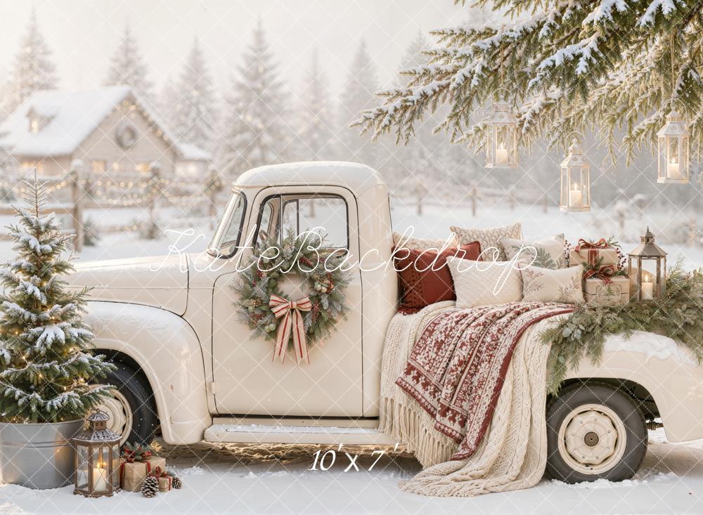 Kate Christmas Countryside Vintage White Truck Snowy Lanterns Blanket Matte UV Printed Vinyl Backdrop