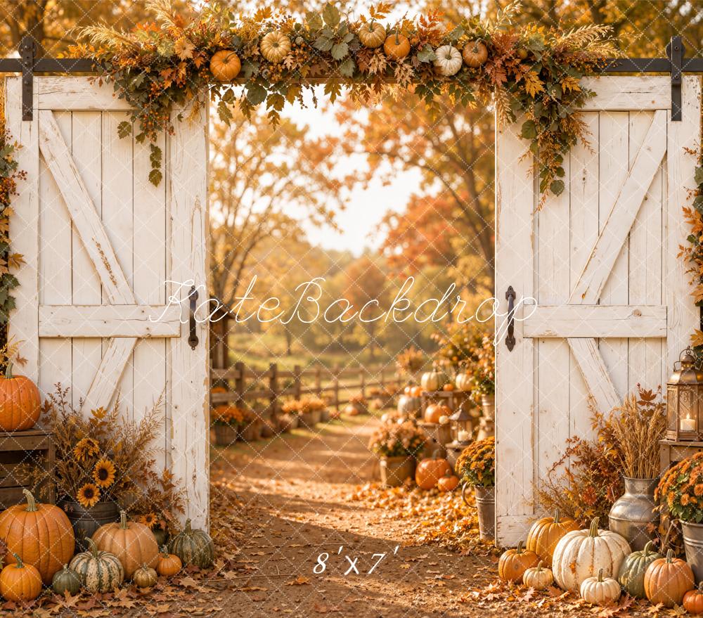Kate Fall White Barn Door Pumpkin Floral Path Matte UV Printed Vinyl Backdrop