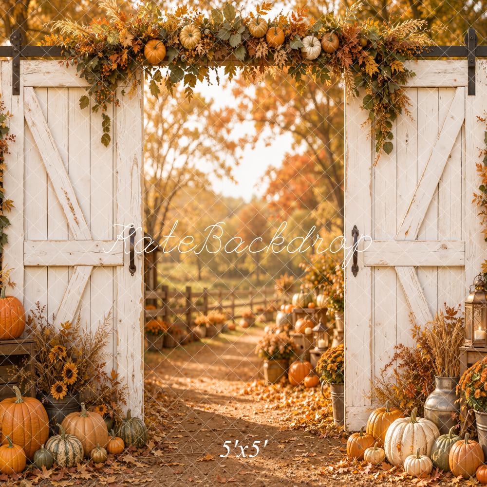 Kate Fall White Barn Door Pumpkin Floral Path Matte UV Printed Vinyl Backdrop