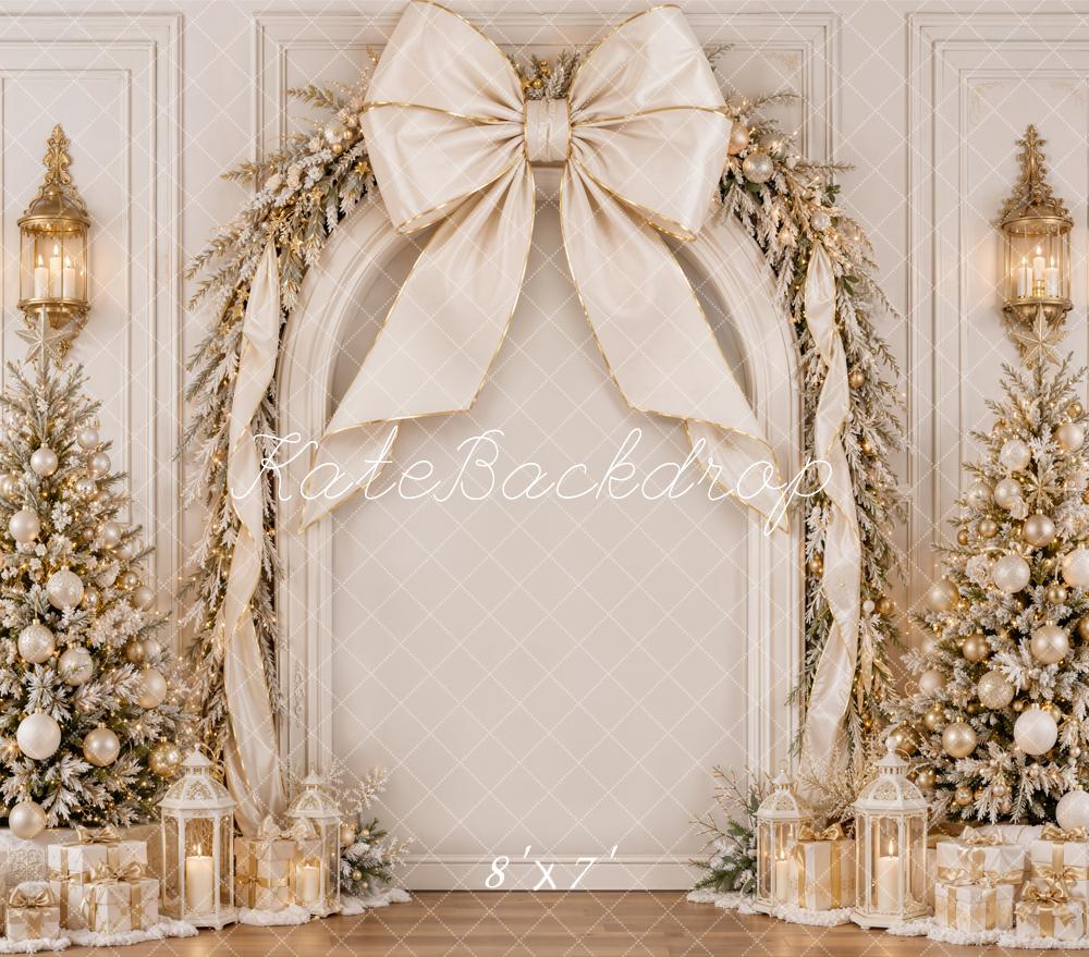 Kate Christmas White Gold Bow Luxury Trees Garland Matte UV Printed Vinyl Backdrop