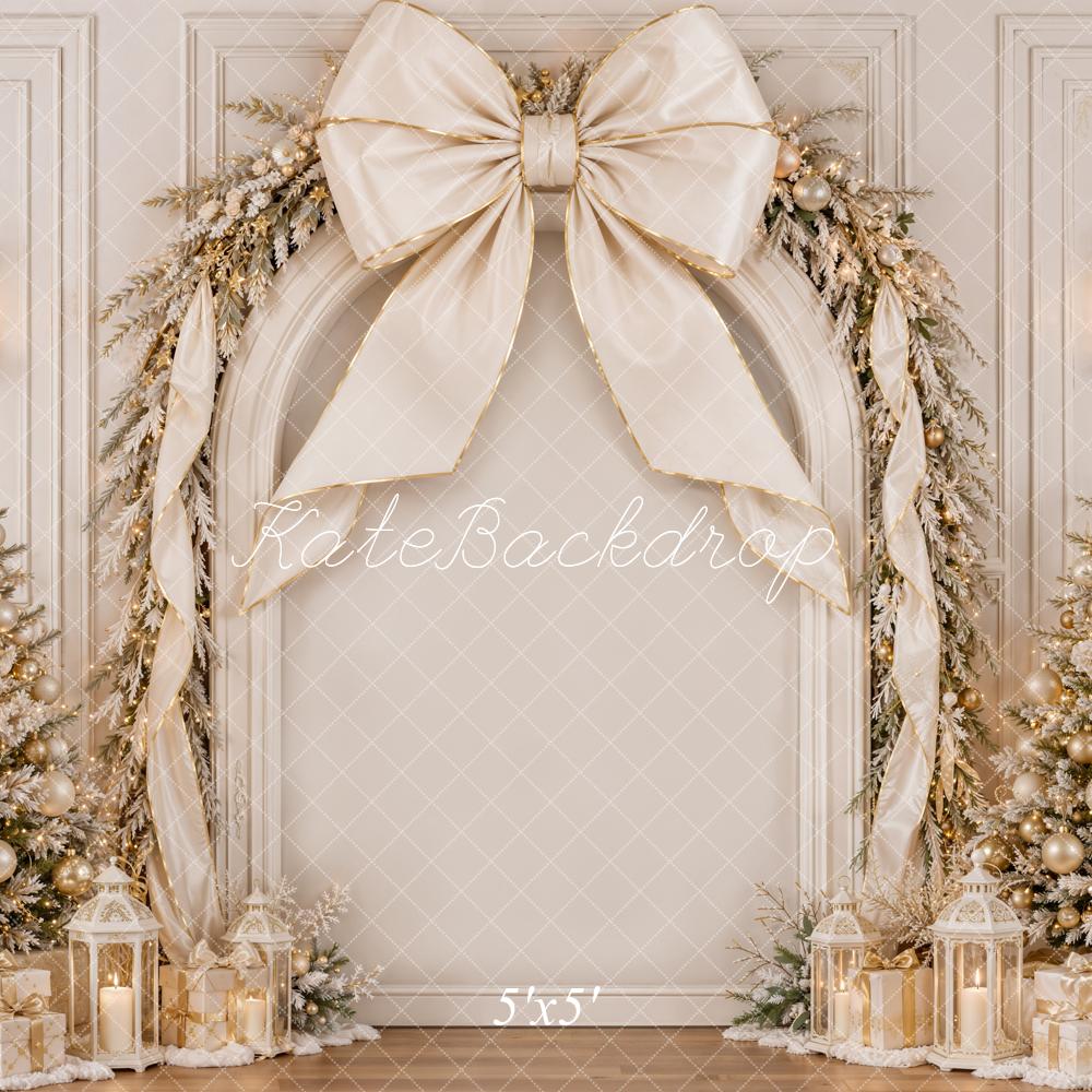 Kate Christmas White Gold Bow Luxury Trees Garland Matte UV Printed Vinyl Backdrop