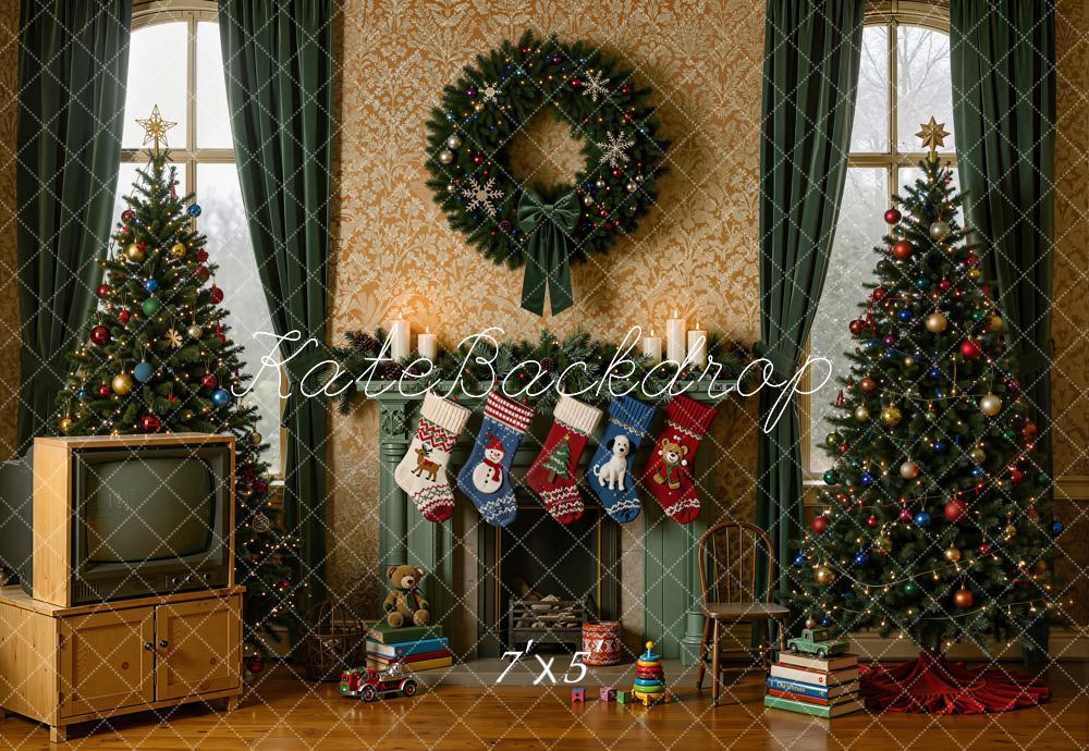 Kate Christmas 90s Trees Fireplace Wreath Vintage Television Matte UV Printed Vinyl Backdrop