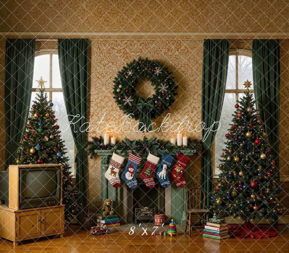 Kate Christmas 90s Trees Fireplace Wreath Vintage Television Matte UV Printed Vinyl Backdrop