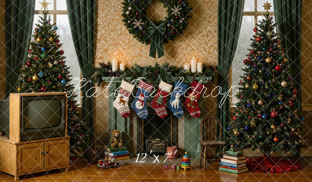 Kate Christmas 90s Trees Fireplace Wreath Vintage Television Matte UV Printed Vinyl Backdrop