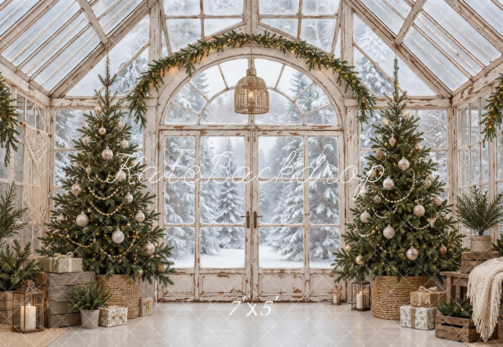 Kate Christmas Vintage Greenhouse Christmas Trees Garland Snowy Matte UV Printed Vinyl Backdrop