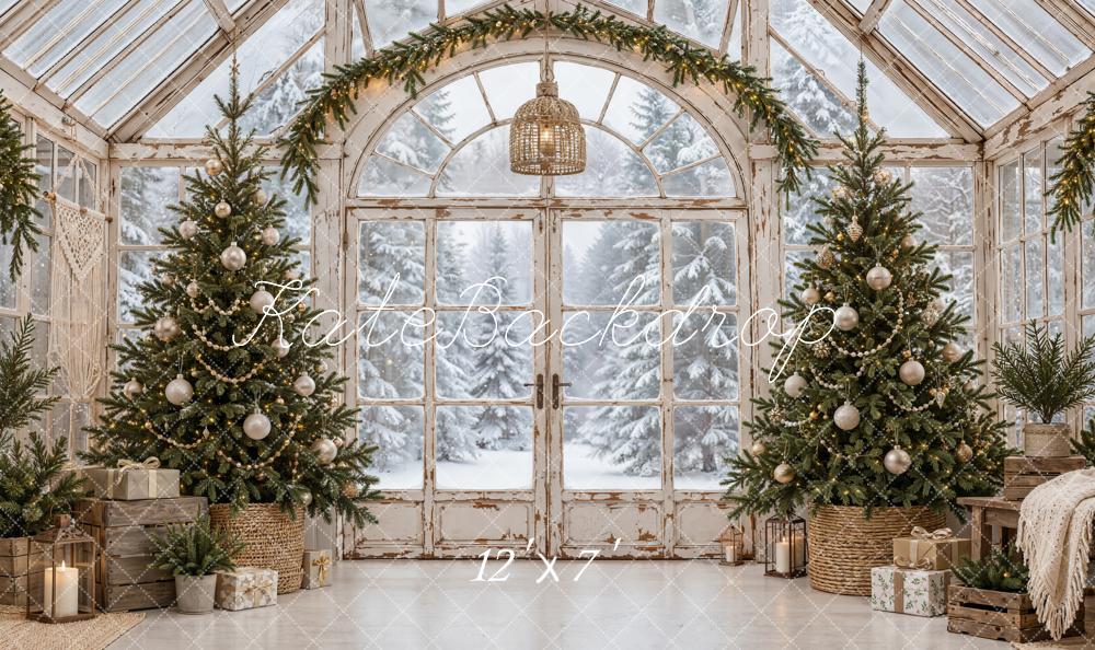 Kate Christmas Vintage Greenhouse Christmas Trees Garland Snowy Matte UV Printed Vinyl Backdrop
