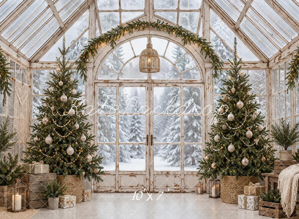 Kate Christmas Vintage Greenhouse Christmas Trees Garland Snowy Matte UV Printed Vinyl Backdrop