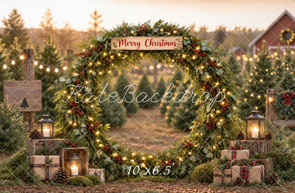 Kate Christmas Farm Greenery Arch Gift Boxes Rustic Matte UV Printed Vinyl Backdrop