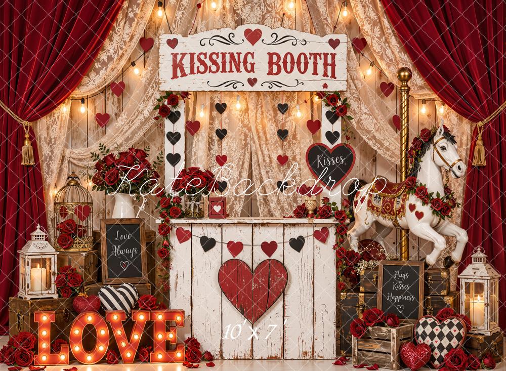 Kate Valentine's Day Kissing Booth Carousel Horse Curtains Hearts Matte UV Printed Vinyl Backdrop