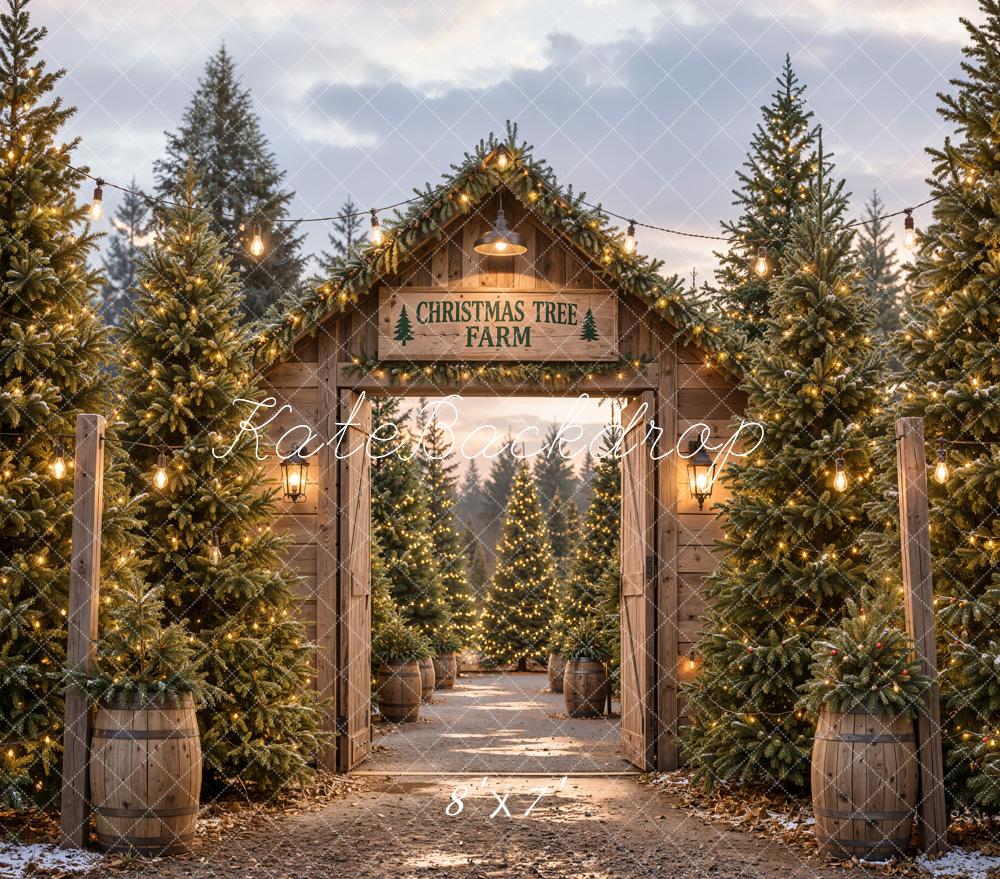 Kate Christmas Tree Farm Gate Wood Rustic Matte UV Printed Vinyl Backdrop