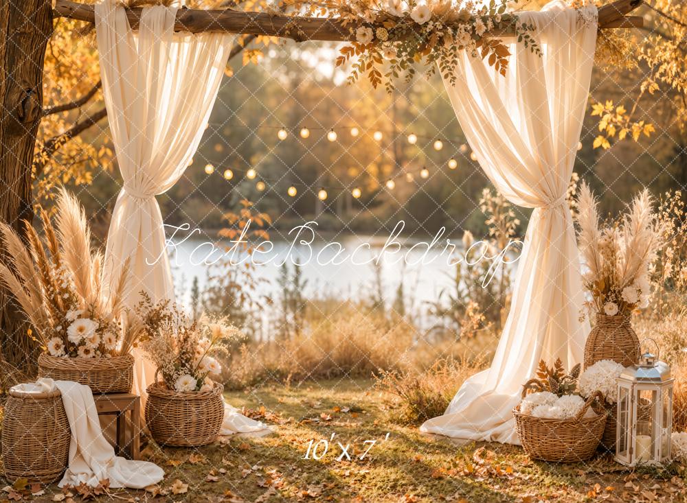 Kate Fall Boho Branch Flower Arch Drapes Warm Cozy Lakeside Matte UV Printed Vinyl Backdrop