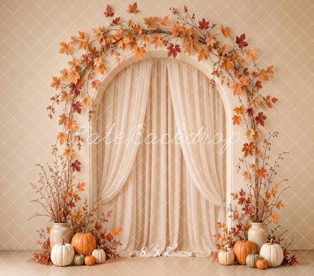 Kate Fall Maple Leaves Arch Pumpkins Beige Wall Matte UV Printed Vinyl Backdrop