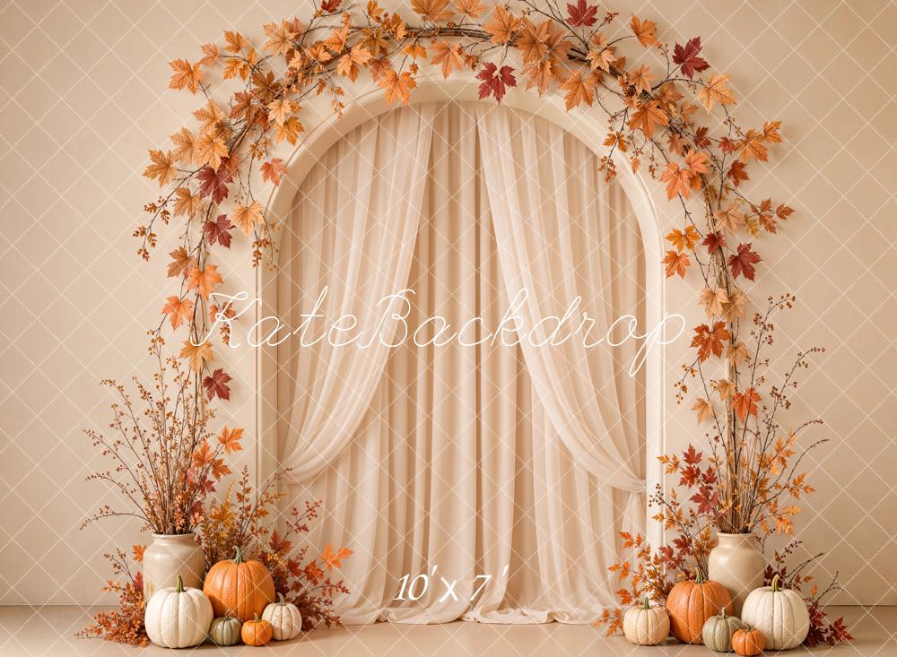 Kate Fall Maple Leaves Arch Pumpkins Beige Wall Matte UV Printed Vinyl Backdrop