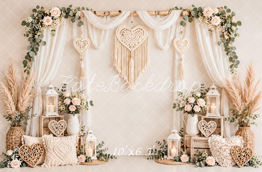 Kate Valentine's Day Boho Flower Arch Macrame Heart Sheer Drapes Matte UV Printed Vinyl Backdrop