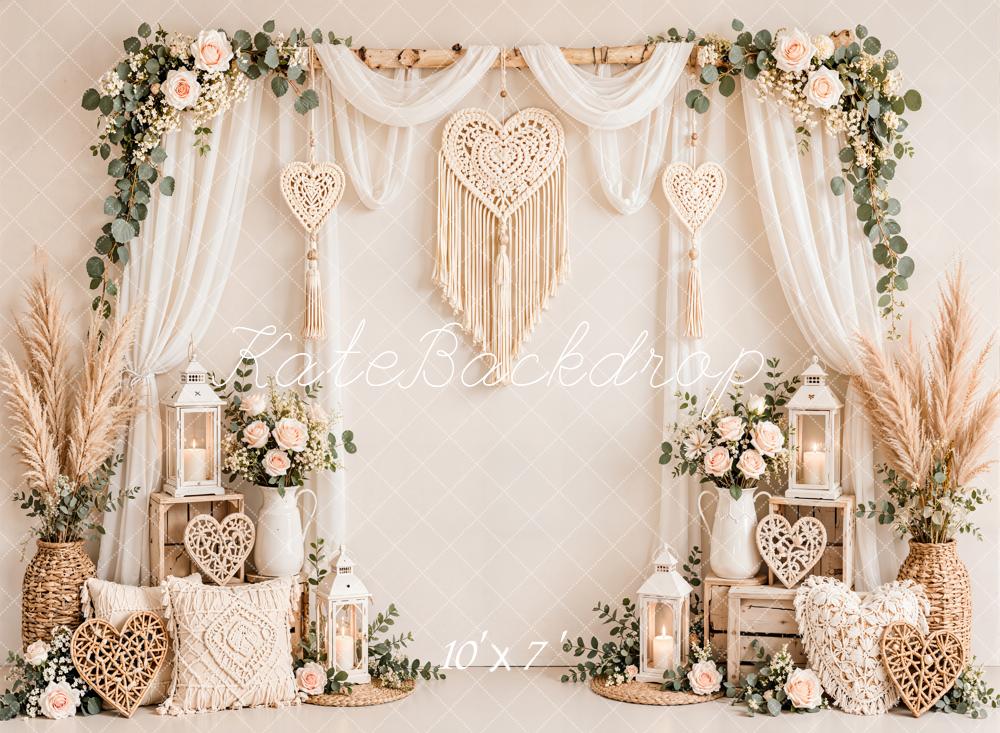 Kate Valentine's Day Boho Flower Arch Macrame Heart Sheer Drapes Matte UV Printed Vinyl Backdrop