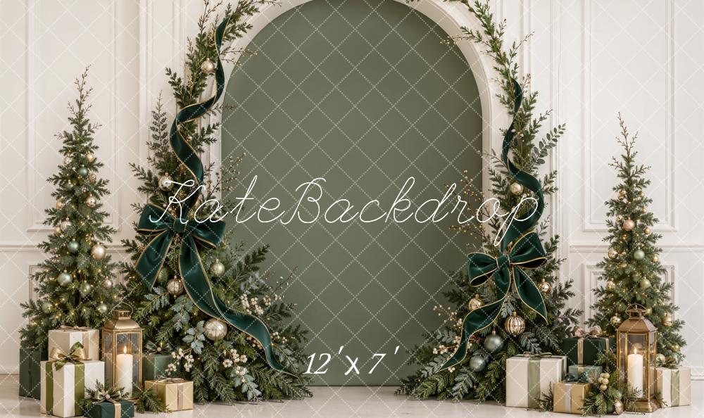 Kate Christmas Evergreen Arch Trees Green Velvet Bow Gifts Matte UV Printed Vinyl Backdrop