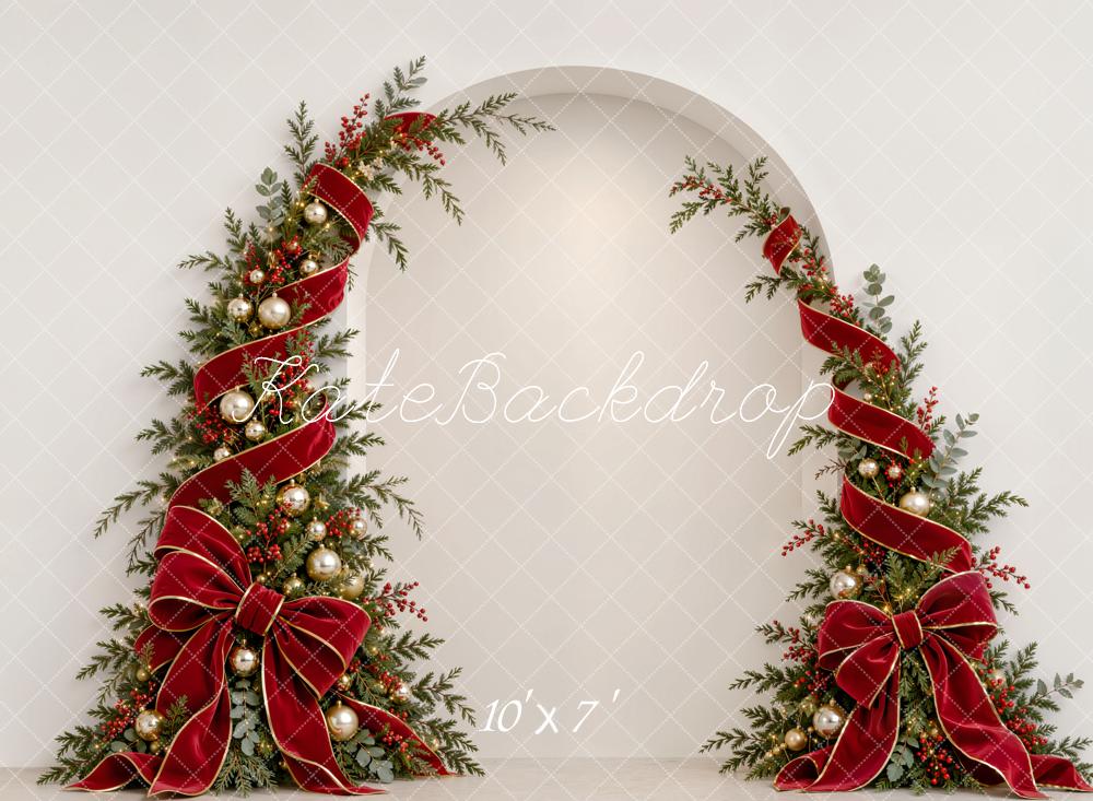 Kate Christmas Arch Red Ribbon Bow Garland White Wall Matte UV Printed Vinyl Backdrop