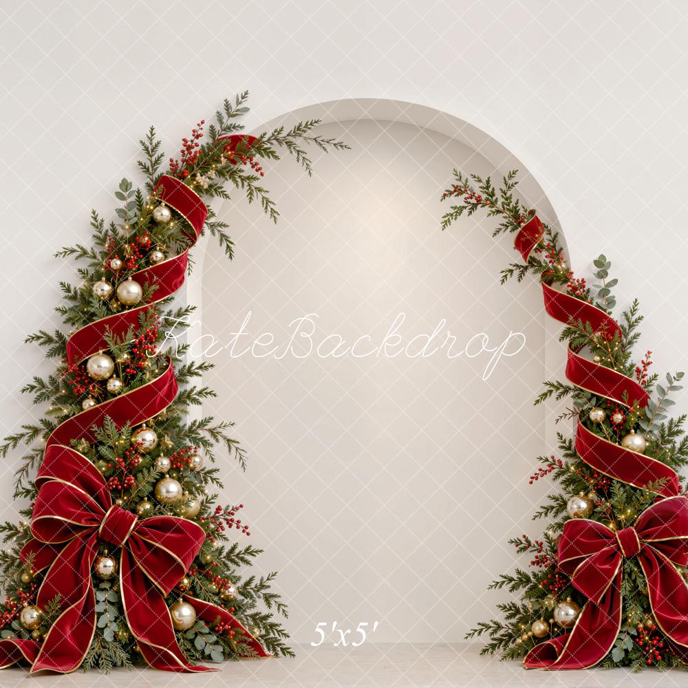 Kate Christmas Arch Red Ribbon Bow Garland White Wall Matte UV Printed Vinyl Backdrop