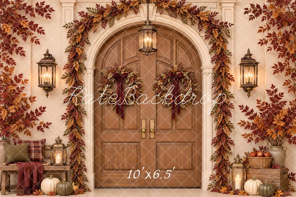 Kate Fall Arched Door Maple Leaves Garland Lanterns Matte UV Printed Vinyl Backdrop