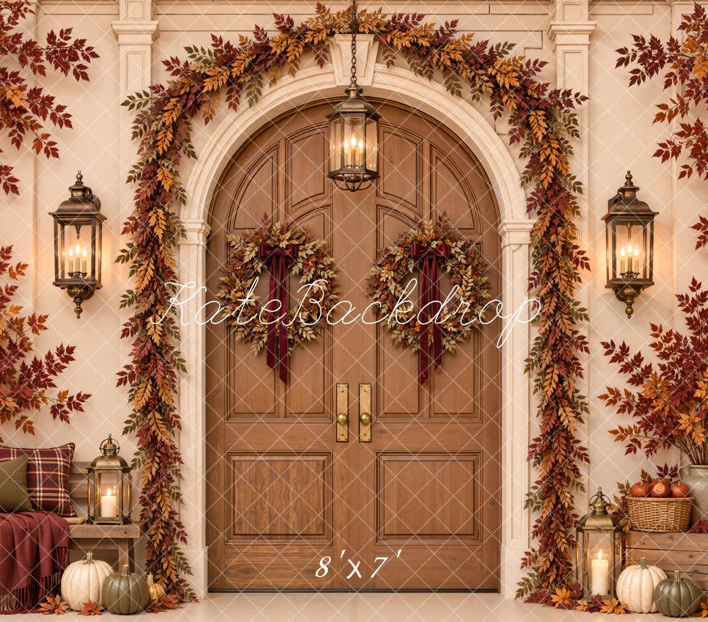 Kate Fall Arched Door Maple Leaves Garland Lanterns Matte UV Printed Vinyl Backdrop