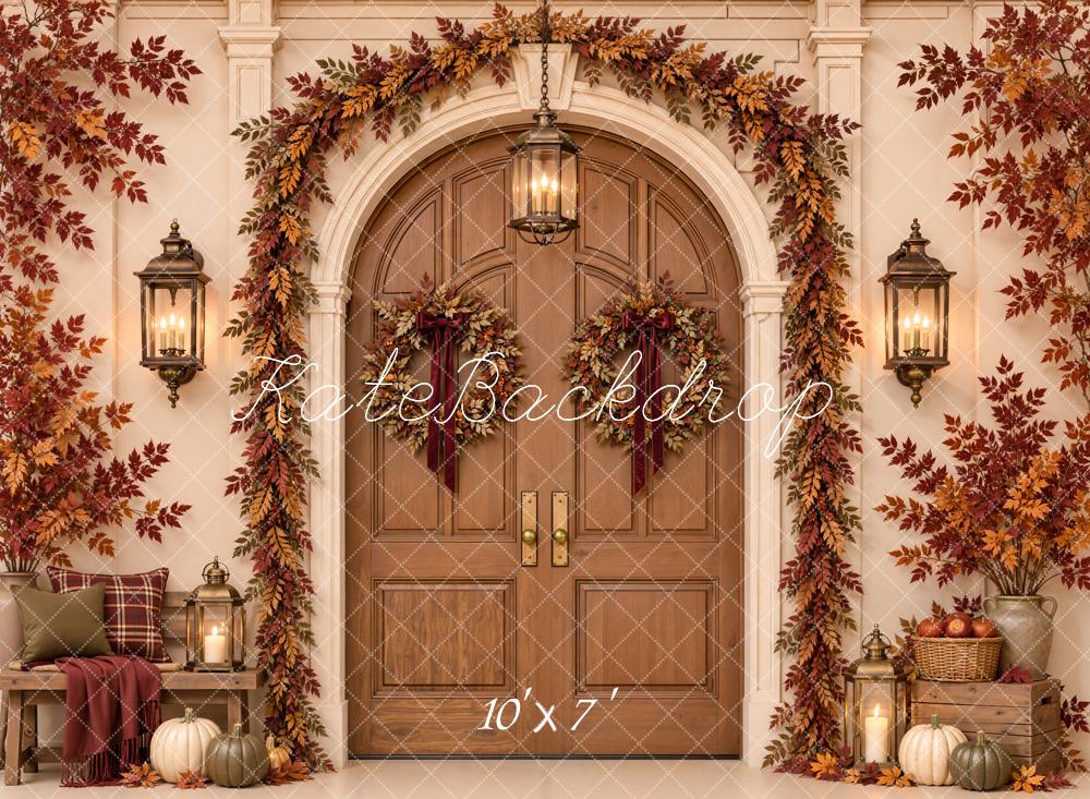 Kate Fall Arched Door Maple Leaves Garland Lanterns Matte UV Printed Vinyl Backdrop
