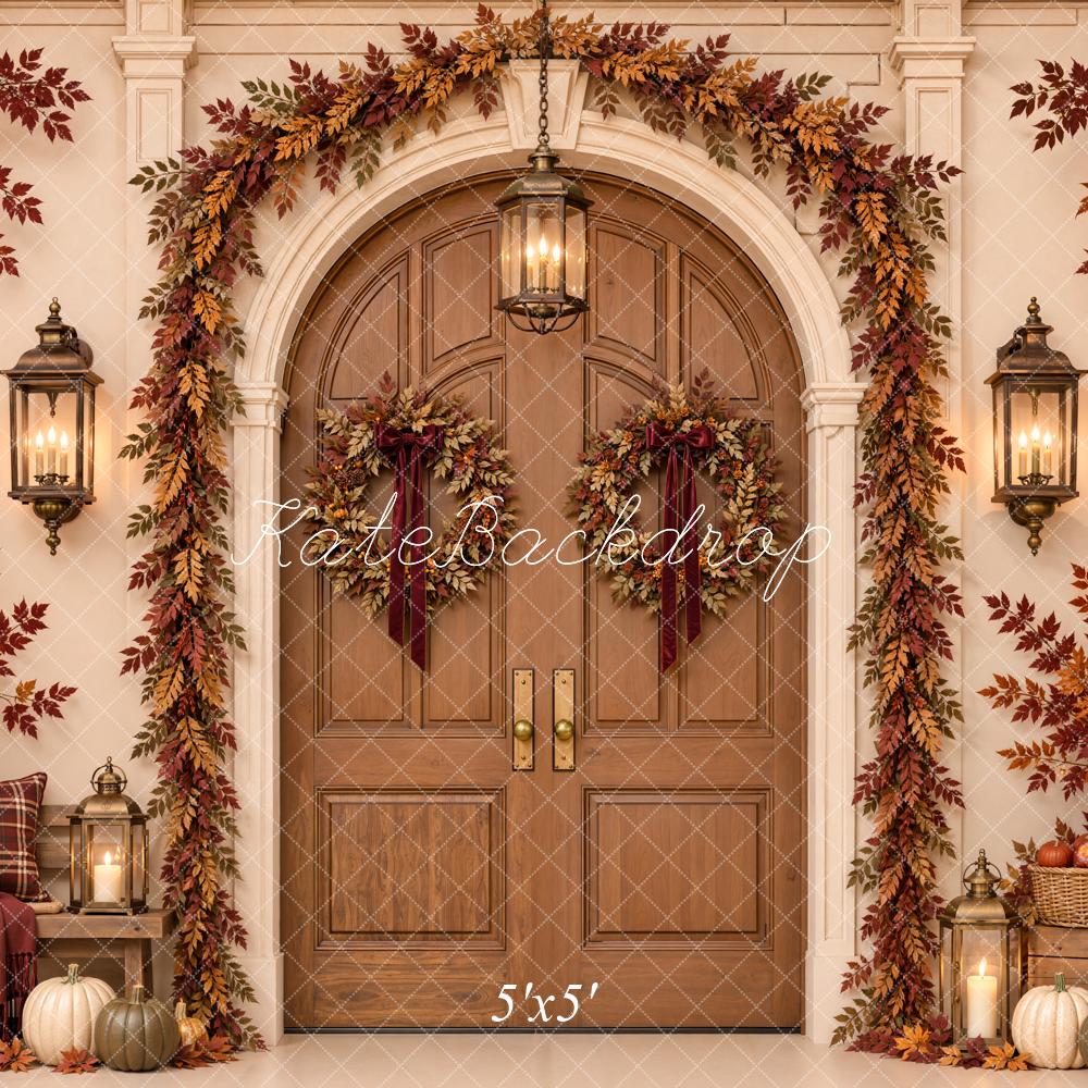 Kate Fall Arched Door Maple Leaves Garland Lanterns Matte UV Printed Vinyl Backdrop