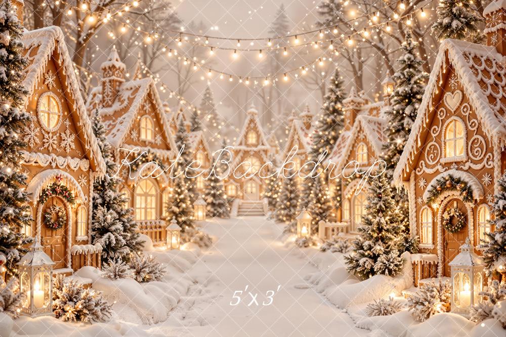 Kate Christmas Gingerbread Village Snowy Trees String Lights Matte UV Printed Vinyl Backdrop