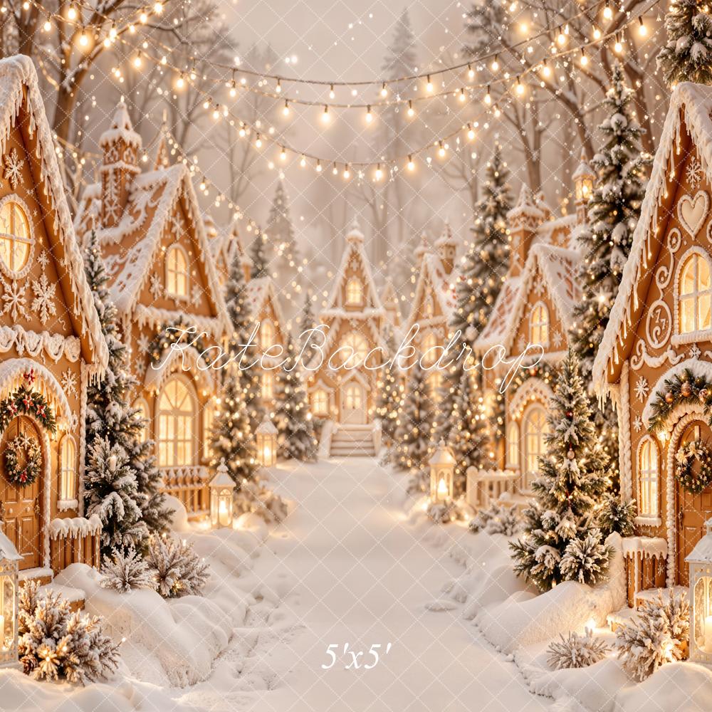 Kate Christmas Gingerbread Village Snowy Trees String Lights Matte UV Printed Vinyl Backdrop