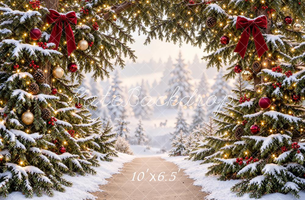 Kate Christmas Trees Snowy Pine Arch Forest Path Matte UV Printed Vinyl Backdrop