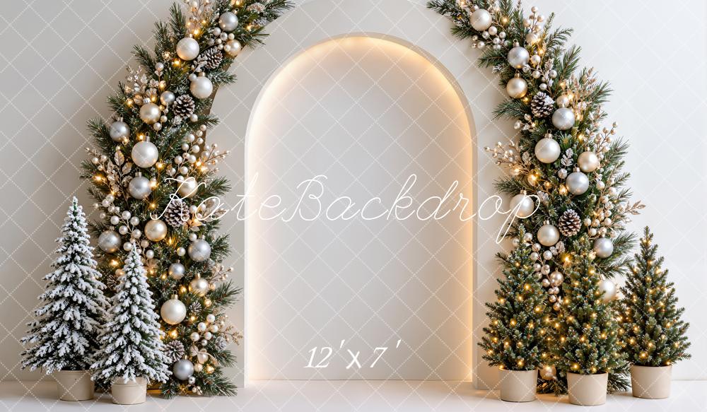 Kate Christmas Garland Arch Snowy Trees White Wall Matte UV Printed Vinyl Backdrop