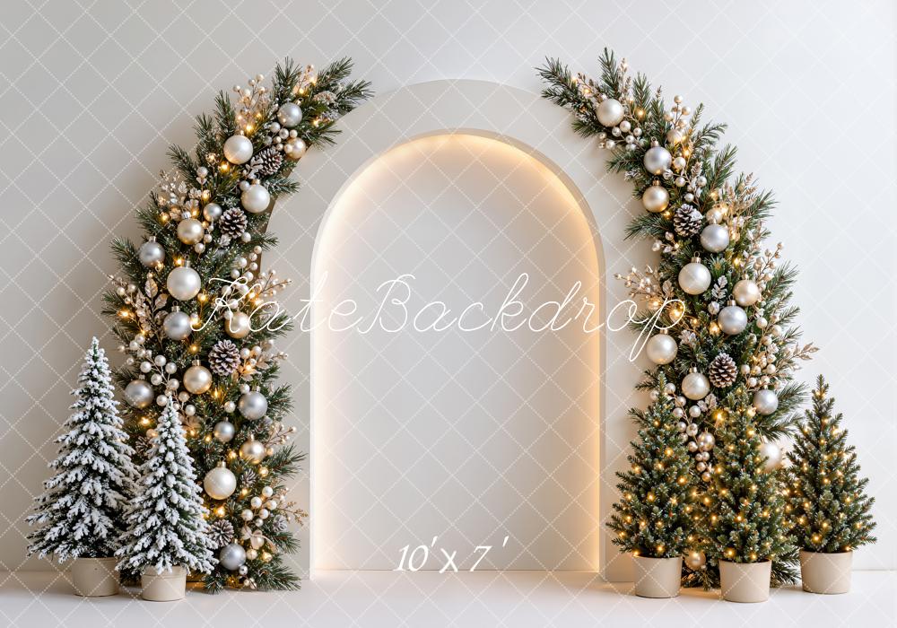 Kate Christmas Garland Arch Snowy Trees White Wall Matte UV Printed Vinyl Backdrop