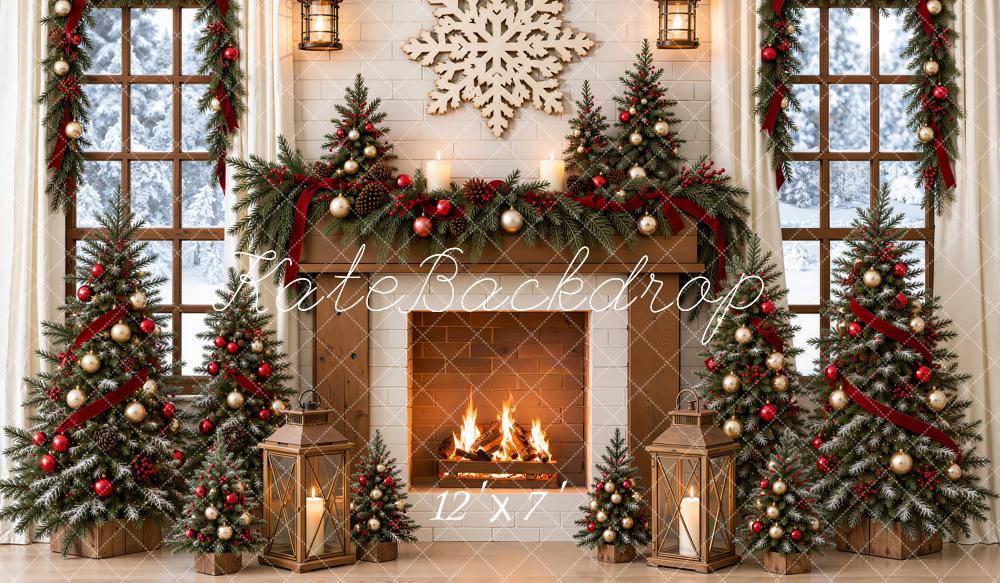 Kate Christmas Fireplace Christmas Trees Red Ribbon Garland Snowflake Matte UV Printed Vinyl Backdrop