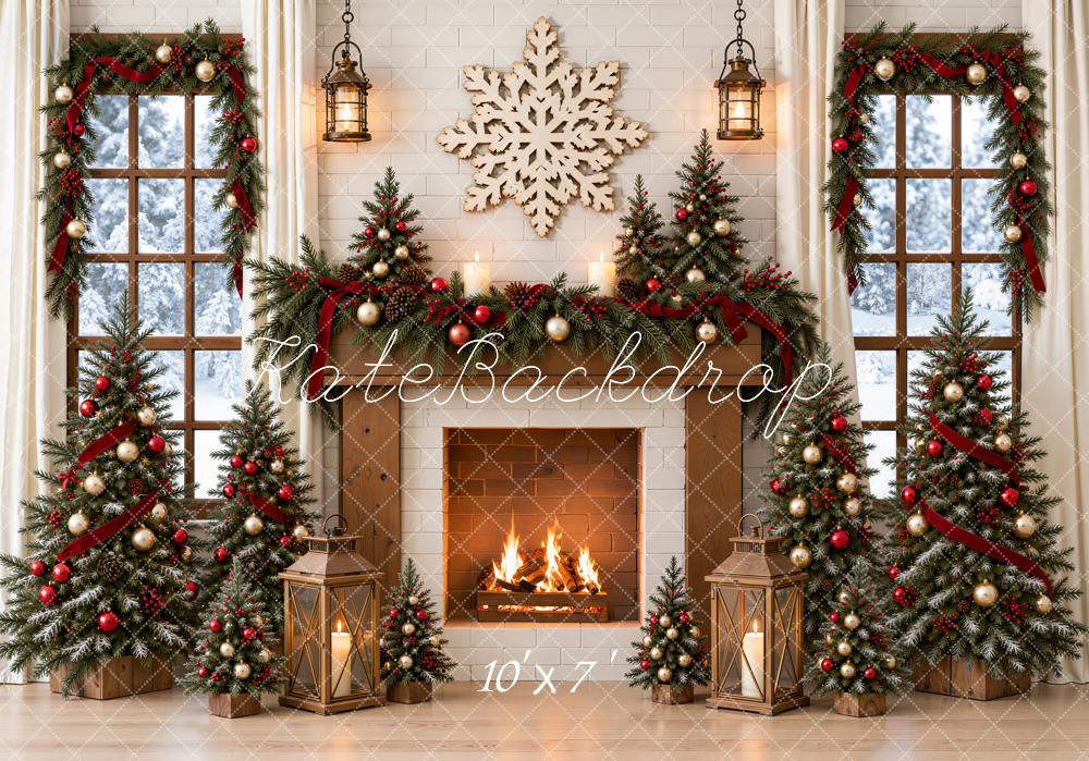 Kate Christmas Fireplace Christmas Trees Red Ribbon Garland Snowflake Matte UV Printed Vinyl Backdrop