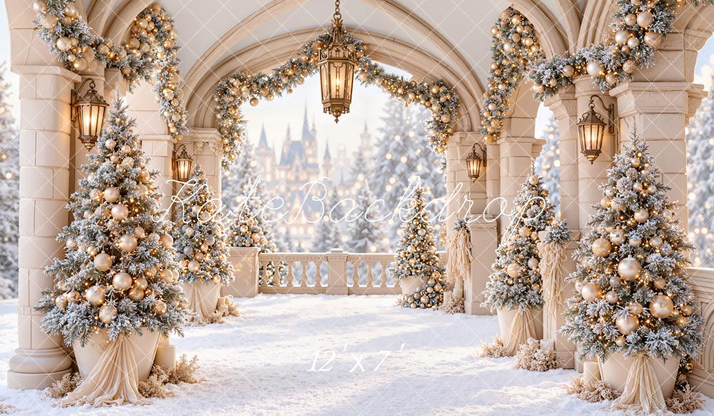 Kate Christmas Snowy Archway Christmas Trees Lanterns Matte UV Printed Vinyl Backdrop