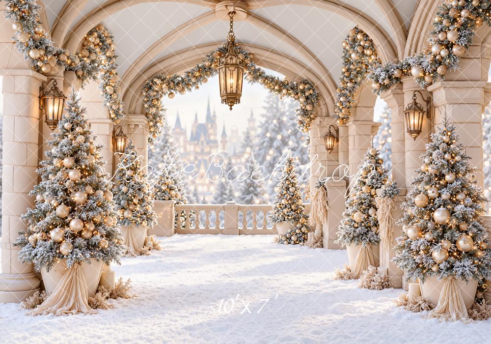Kate Christmas Snowy Archway Christmas Trees Lanterns Matte UV Printed Vinyl Backdrop