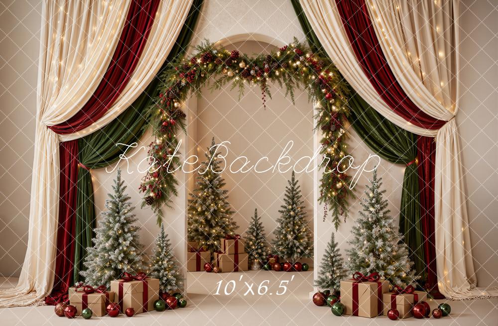 Kate Christmas Draped Curtains Garland Arch Trees Gifts Matte UV Printed Vinyl Backdrop