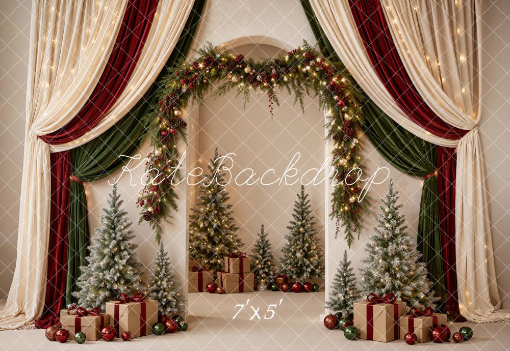 Kate Christmas Draped Curtains Garland Arch Trees Gifts Matte UV Printed Vinyl Backdrop