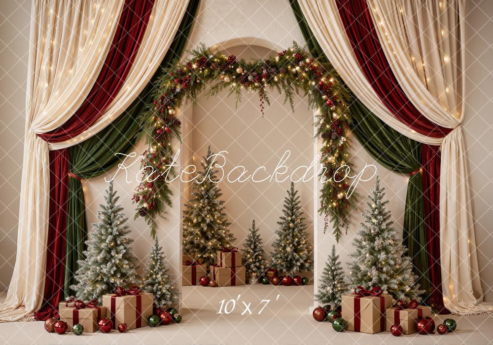 Kate Christmas Draped Curtains Garland Arch Trees Gifts Matte UV Printed Vinyl Backdrop