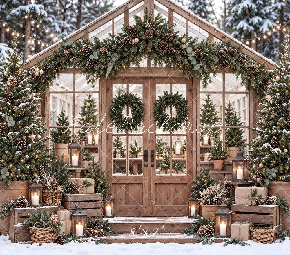Kate Christmas Snowy Greenhouse Garland Wreath Matte UV Printed Vinyl Backdrop