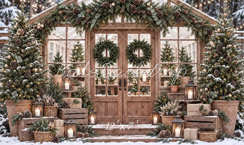 Kate Christmas Snowy Greenhouse Garland Wreath Matte UV Printed Vinyl Backdrop