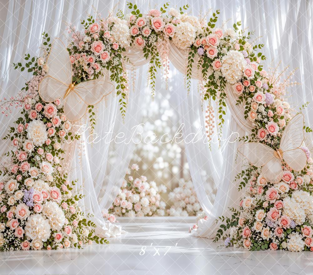 Kate Spring Flower Arch Butterfly White Sheer Drapes Matte UV Printed Vinyl Backdrop
