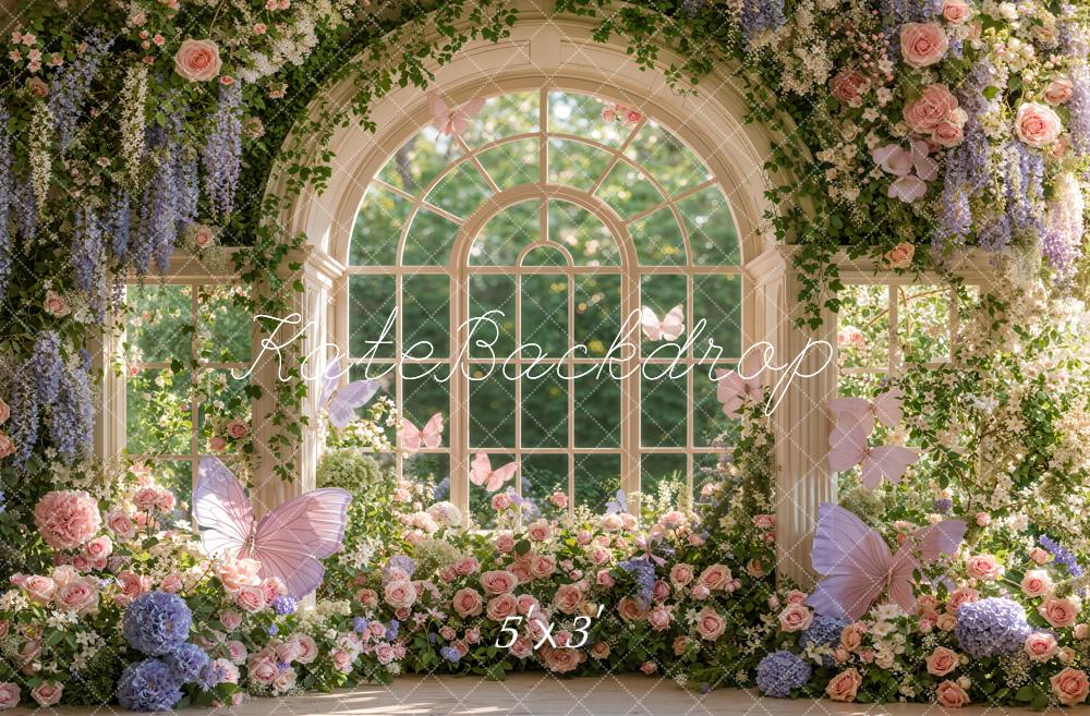 Kate Spring Flower Arched Window Garden Butterflies Greenery Matte UV Printed Vinyl Backdrop