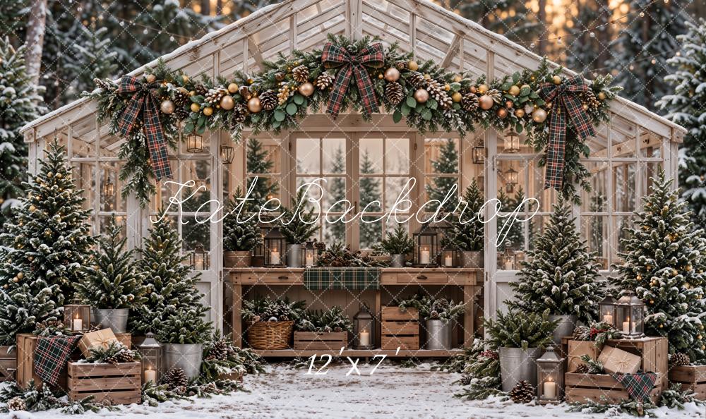 Kate Christmas Greenhouse Snowy Trees Garland Rustic Woodland Matte UV Printed Vinyl Backdrop