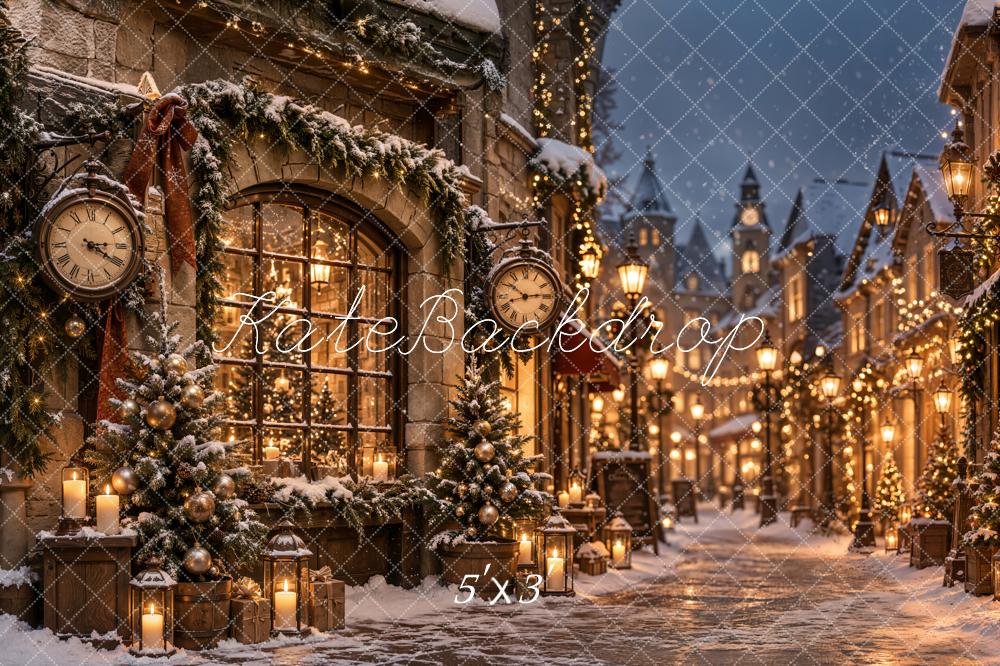 Kate Christmas Snowy Village Street Vintage Clock Matte UV Printed Vinyl Backdrop