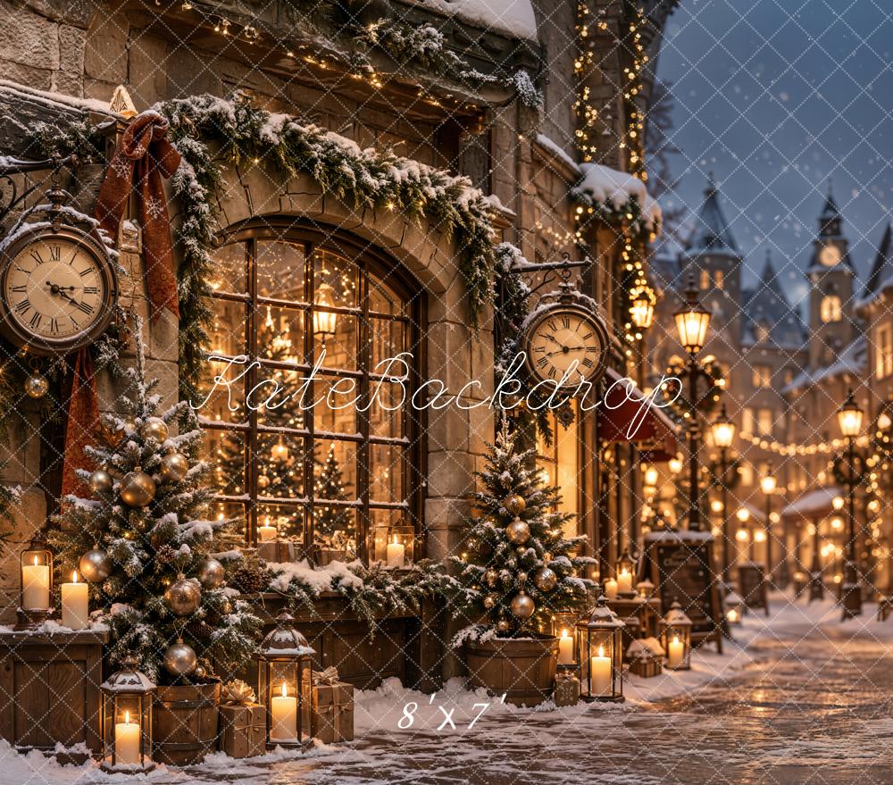 Kate Christmas Snowy Village Street Vintage Clock Matte UV Printed Vinyl Backdrop