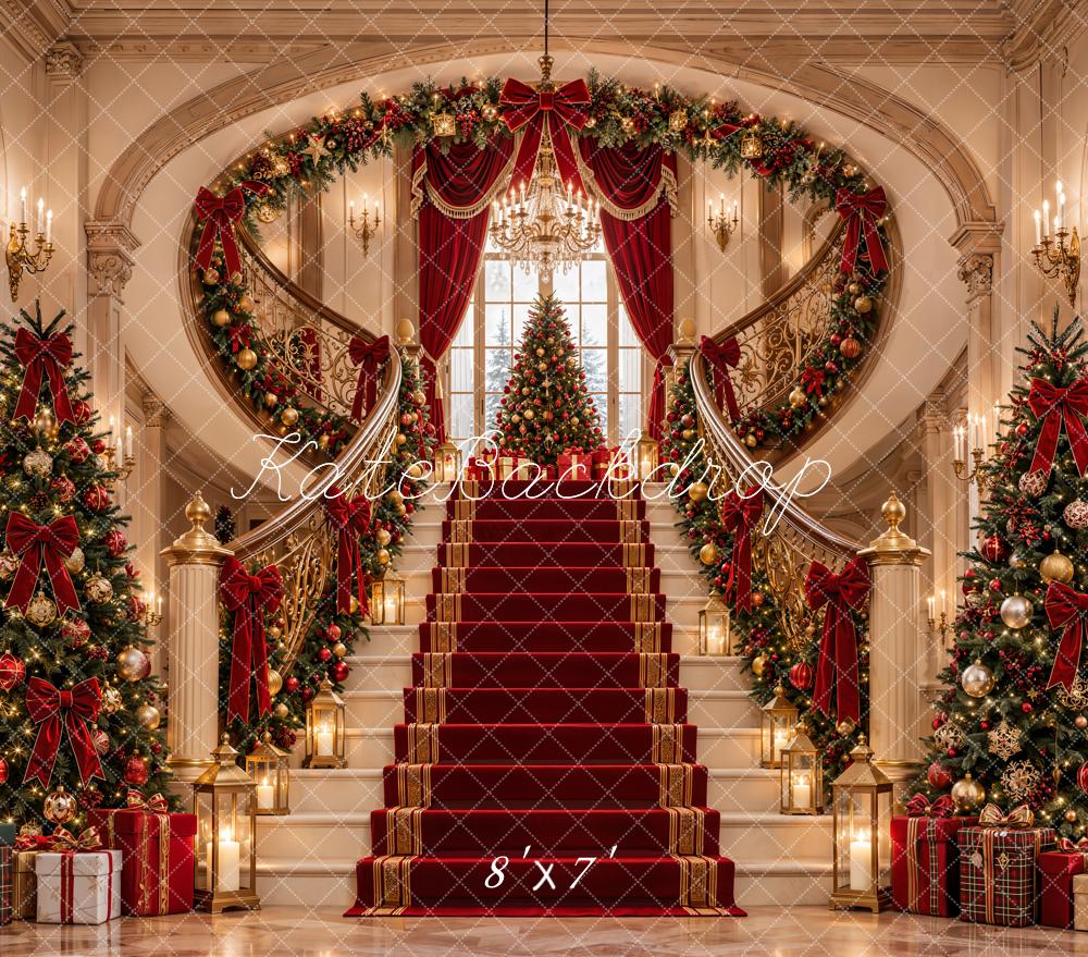 Kate Christmas Cascading Stairs Palace Red Carpet Luxury Trees Matte UV Printed Vinyl Backdrop