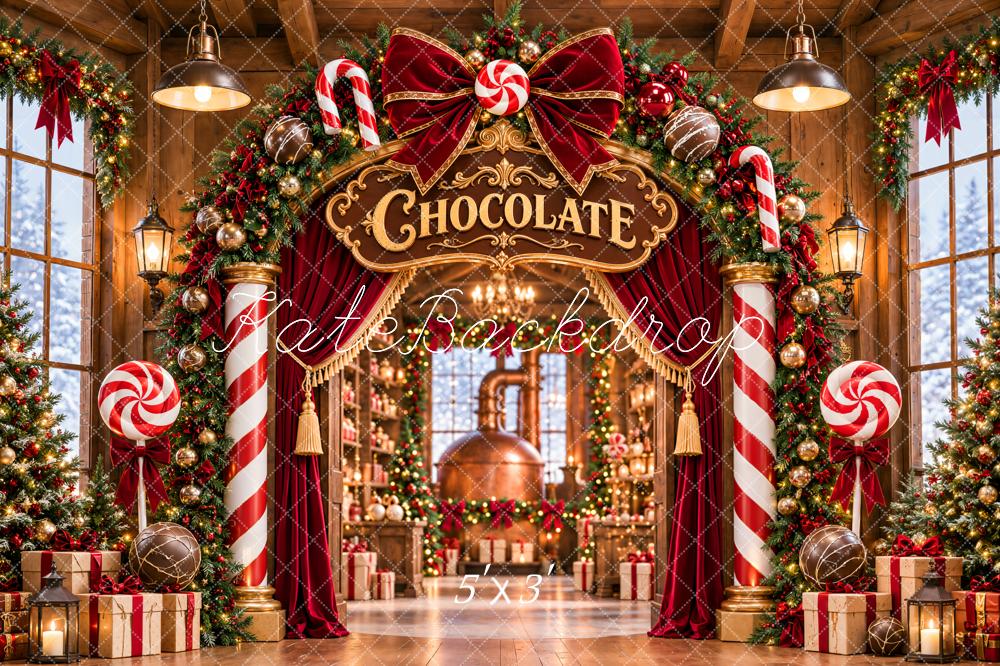 Kate Christmas Chocolate Factory Candy Cane Arch Bow Matte UV Printed Vinyl Backdrop